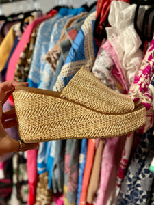 Corky’s Gold Raffia Wedges