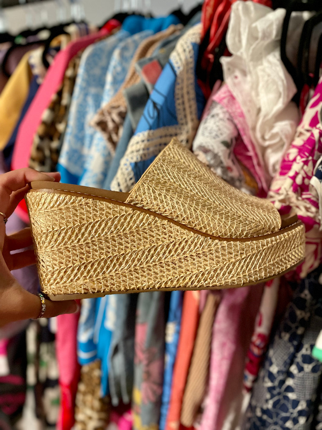 Corky’s Gold Raffia Wedges