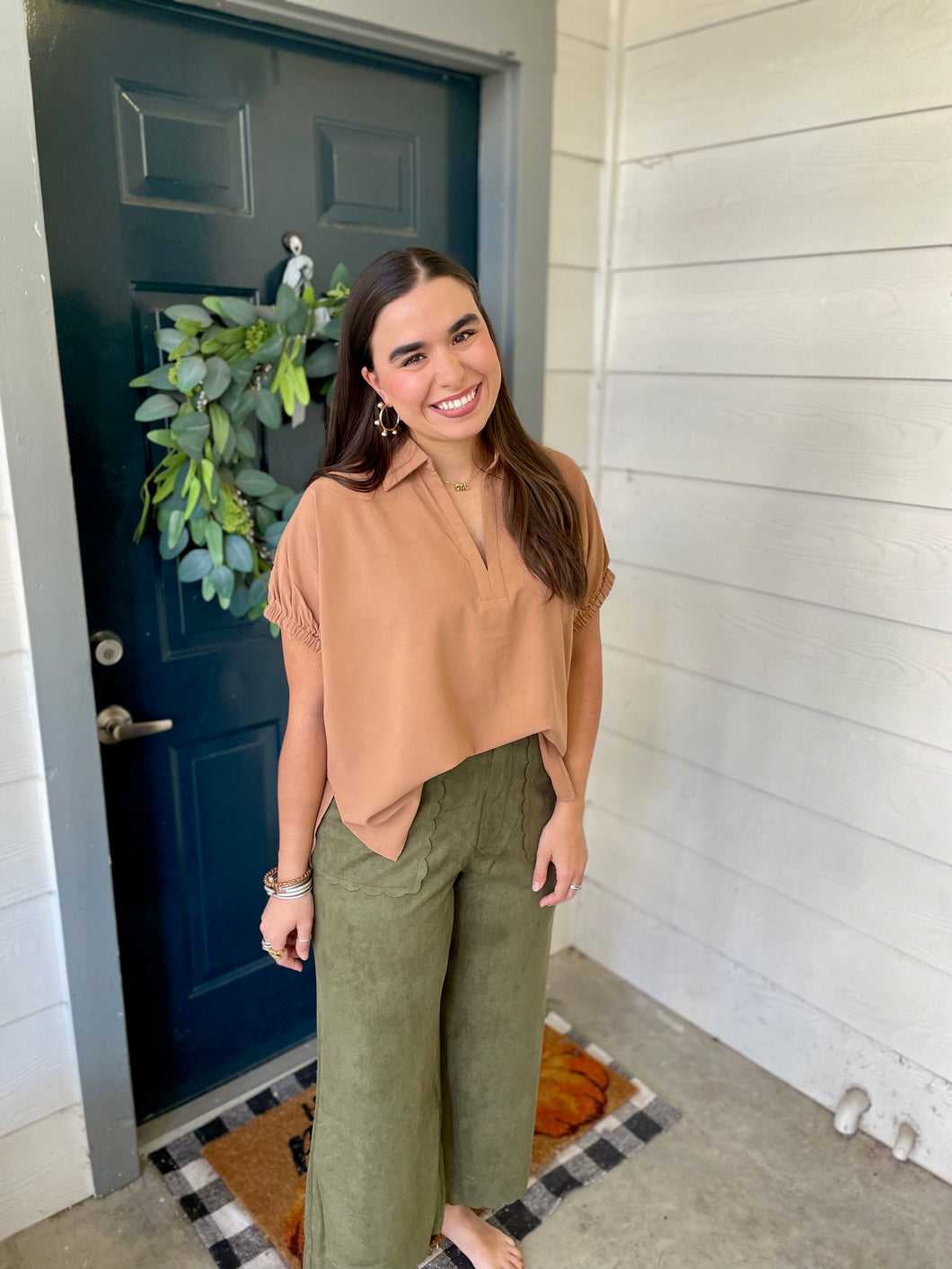 Olive Scalloped Suede Pants
